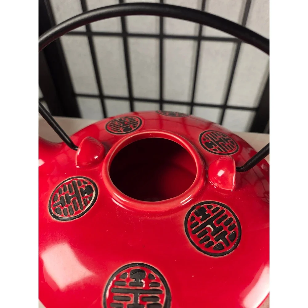 Red Double Happiness Ceramic Tea Set Teapot and 4 Cups Chinese Wedding Decor
